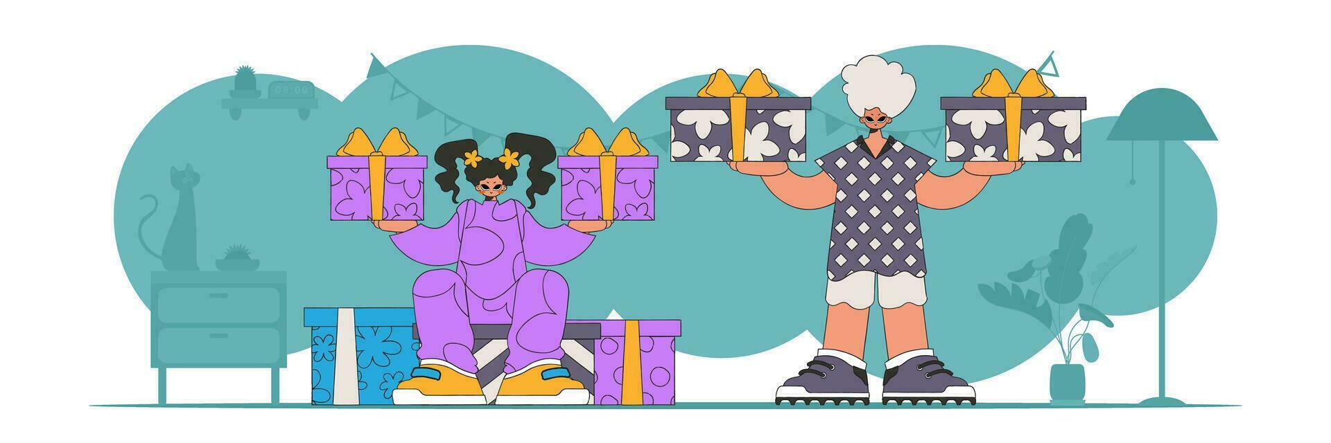 Style 80s and 90s. The guy and the girl are holding gift boxes. The concept of the holiday and gifts. vector
