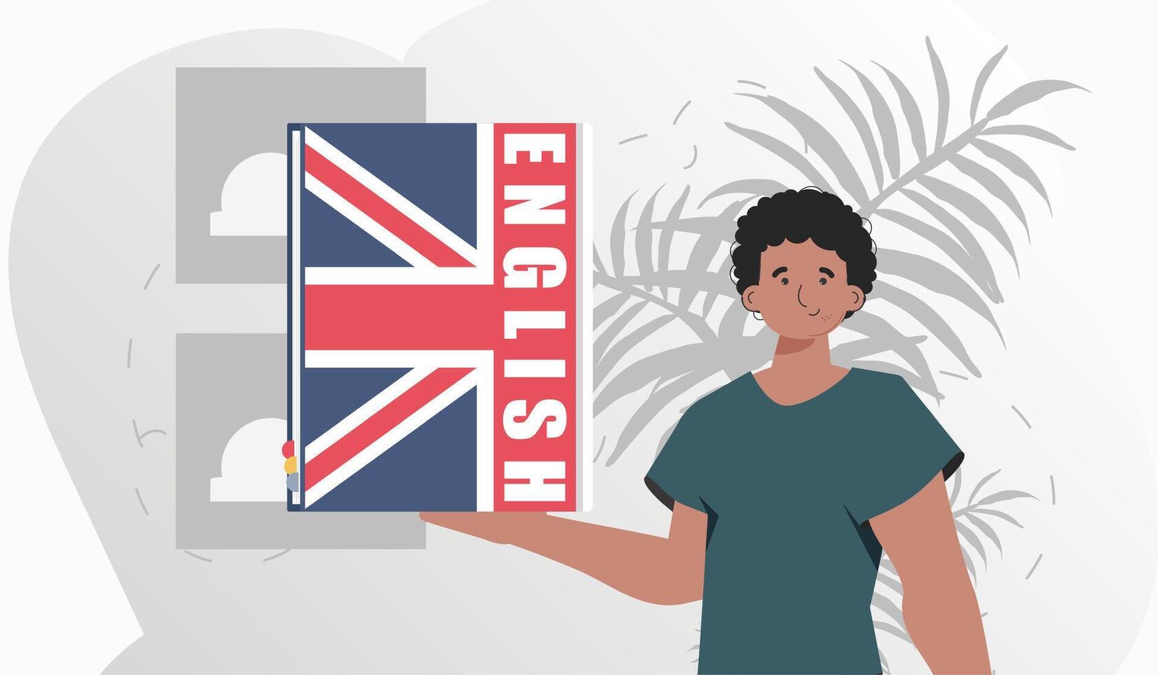 The concept of learning English. A man holds an English dictionary in his hands. Trendy flat style. illustration. vector