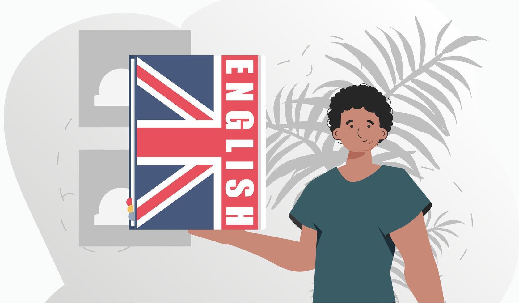 el concepto de aprendizaje inglés. un hombre sostiene un Inglés diccionario en su manos. de moda plano estilo. vector ilustración.