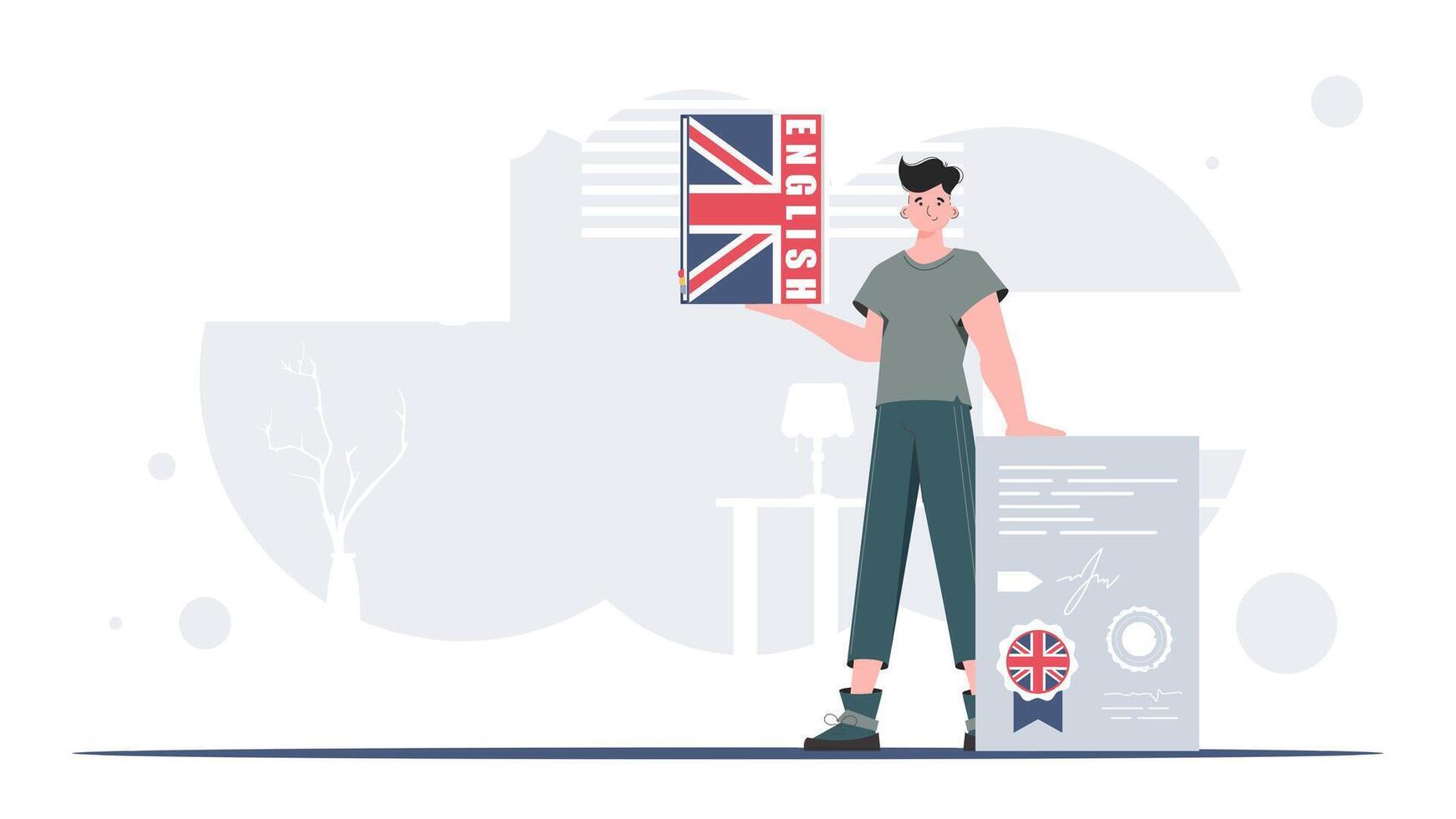 The concept of learning English. A man holds an English dictionary and a certificate in his hands. Trendy flat style. . vector