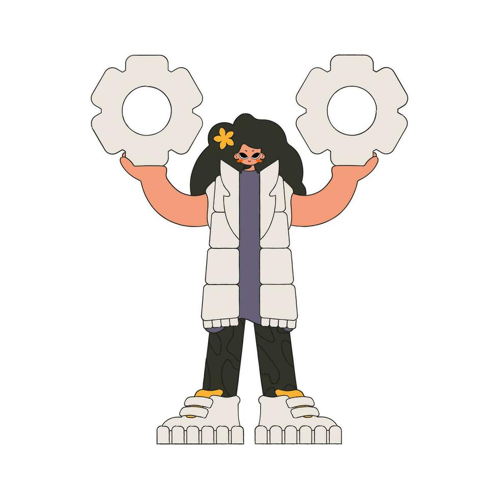 An attractive girl is holding gears. Idea theme. vector