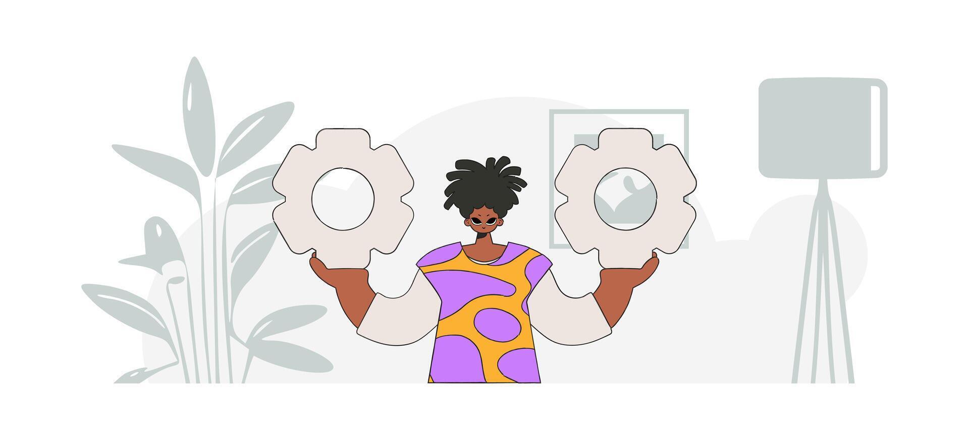 Elegant guy holding gears. Idea concept. trendy character. vector