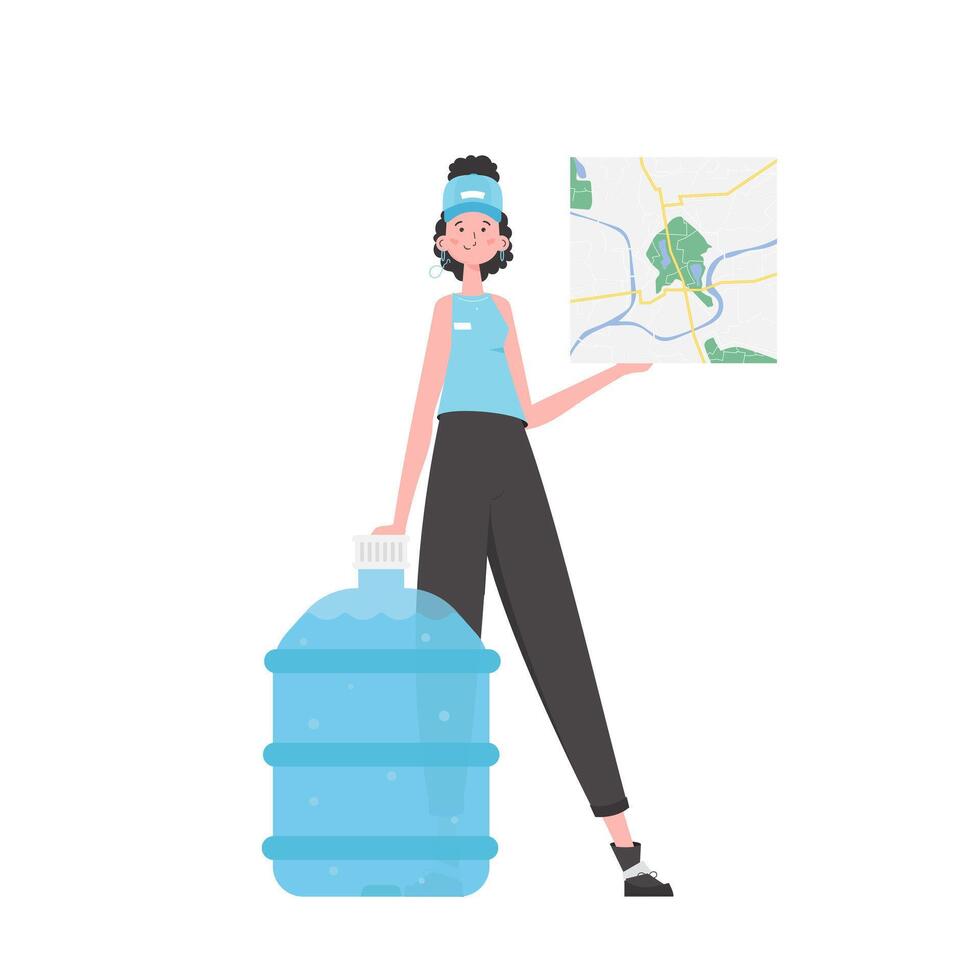 Water delivery concept. The girl is holding a map. The character is depicted in full growth. Isolated on white background. . vector