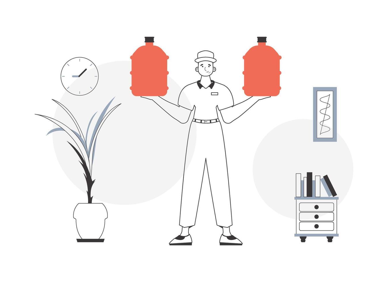 A guy with a big bottle of water in his hands. Water delivery concept. Linear modern style. vector