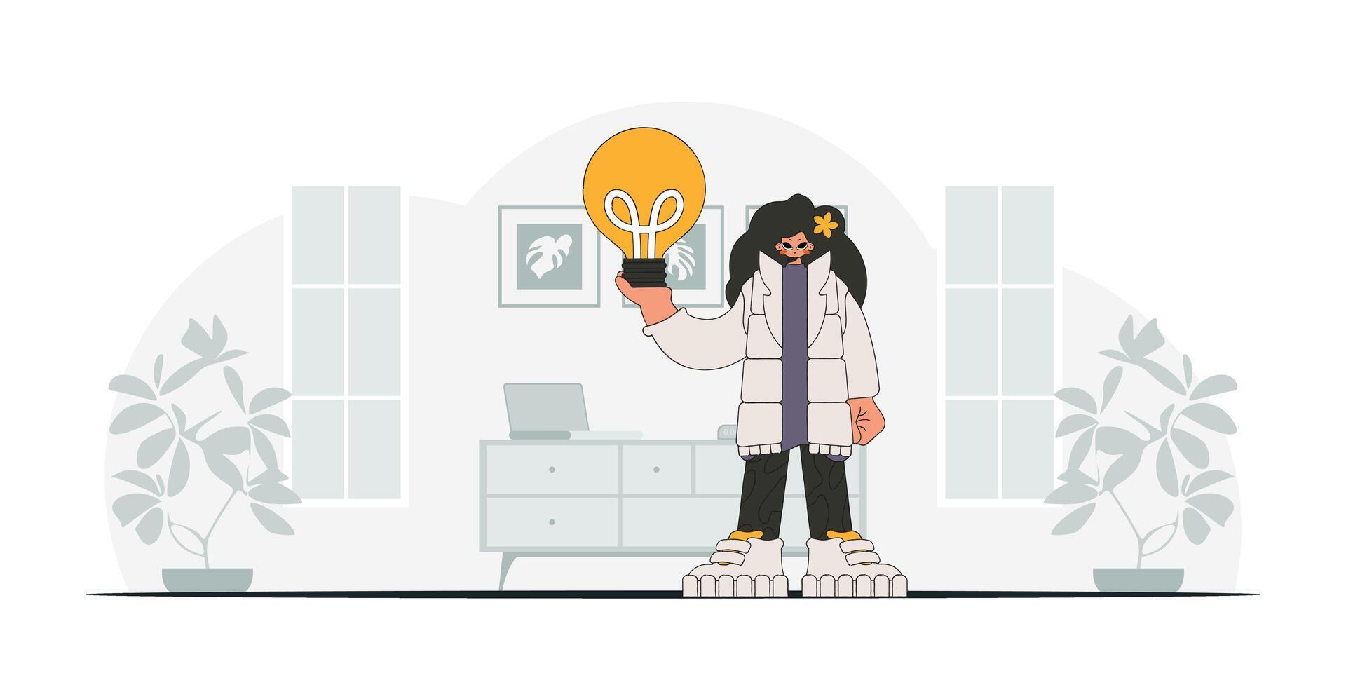 Gorgeous girl holds a light bulb in her hands. Illustration on the theme of the appearance of an idea. vector