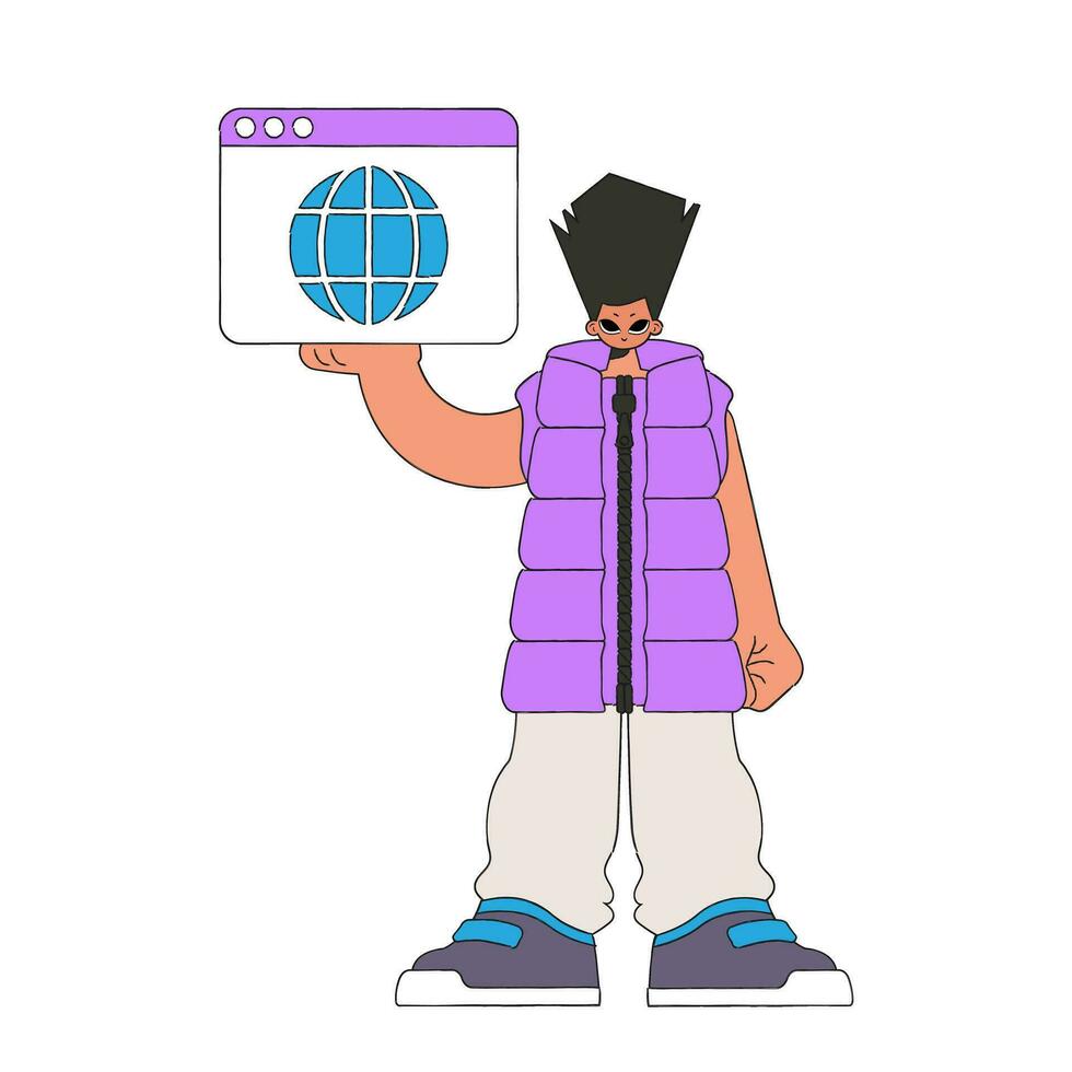 A bright and stylish illustration of a boy using a web browser. Material for educational content. vector
