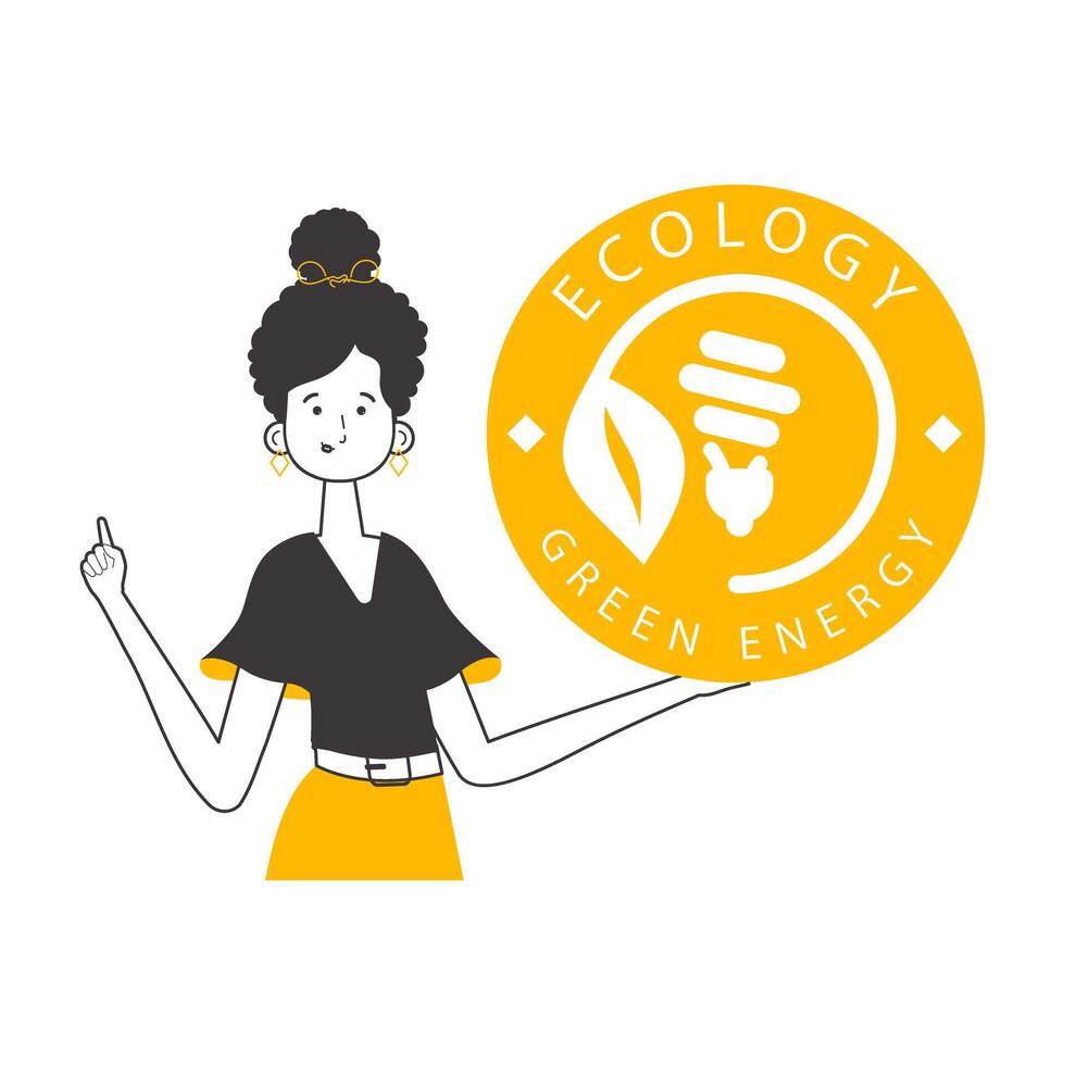 A woman holds a green energy logo in her hand. Lineart style. Isolated on white background. illustration. vector