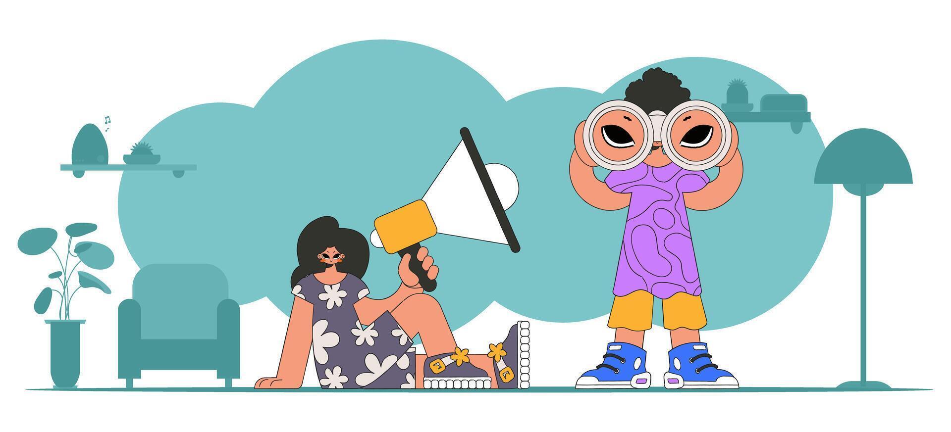 Stylized illustration of HR representative team. Stylish woman sits in a chair and holds a megaphone. vector