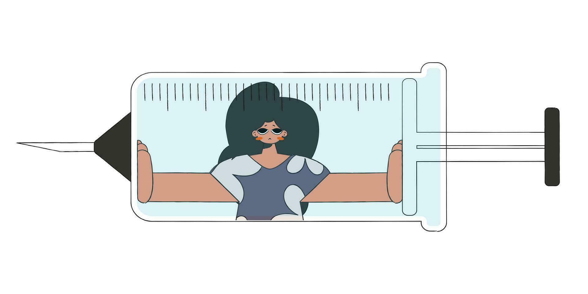 Woman inside a syringe. Addiction and drug treatment. vector