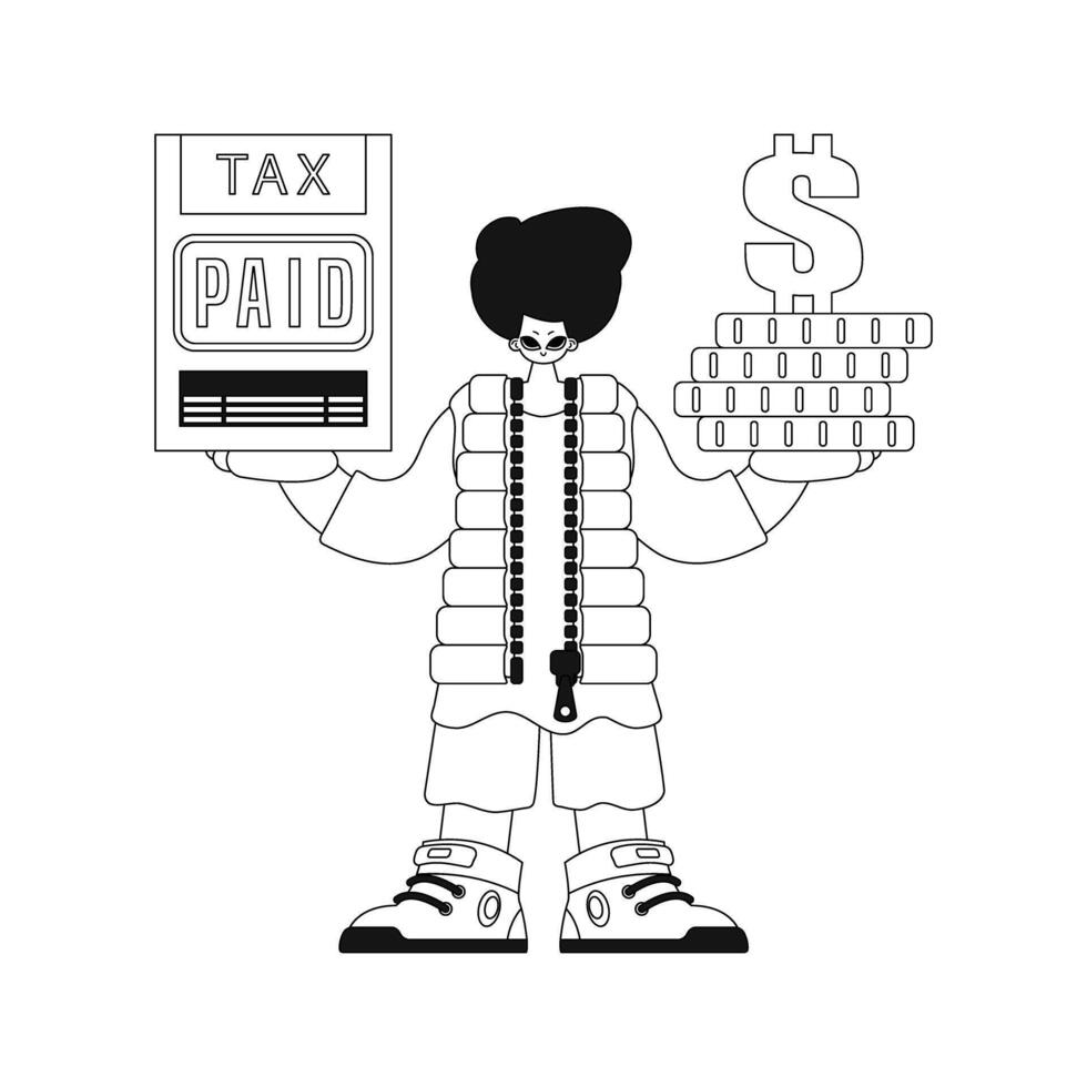 Guy holds tax return and stack of coins in hands. Linear pic, vectorstyle. vector