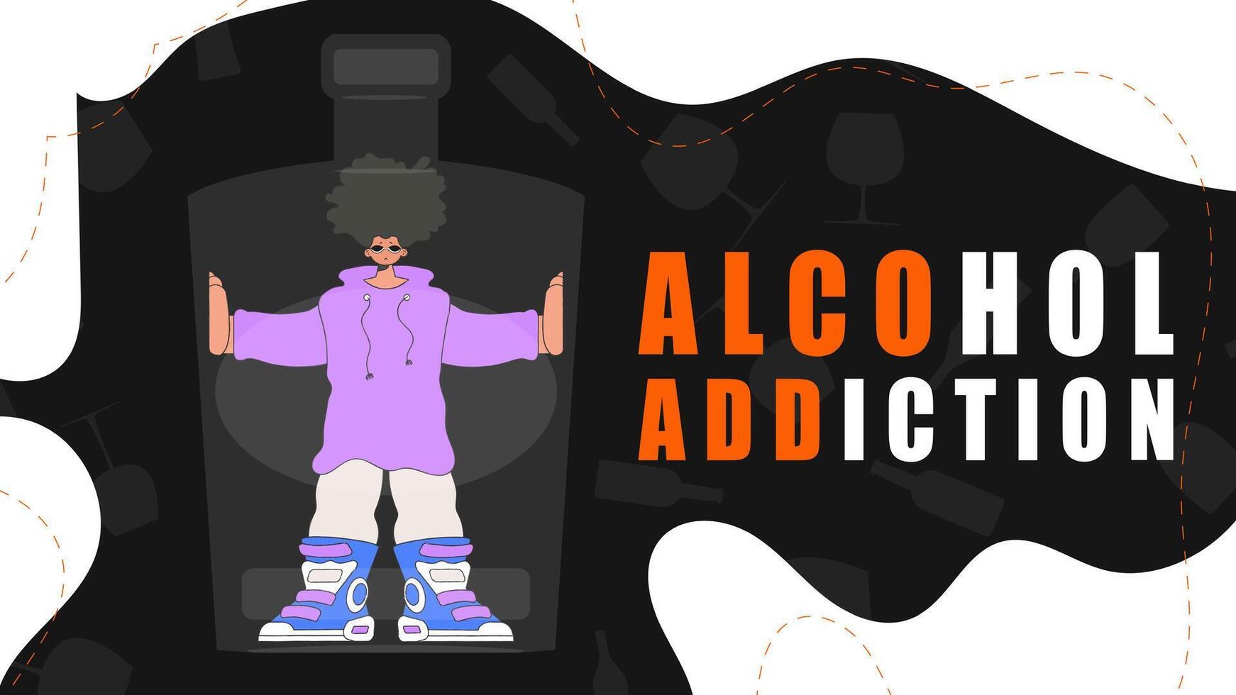 Banner Treatment for alcohol addiction. The man is inside the bottle. vector