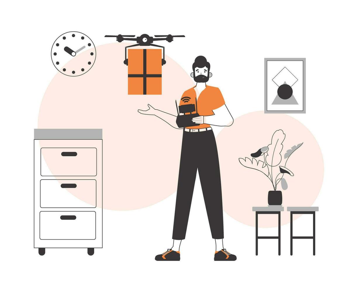A man delivers a package by drone. Drone delivery concept. Linear trendy style. vector