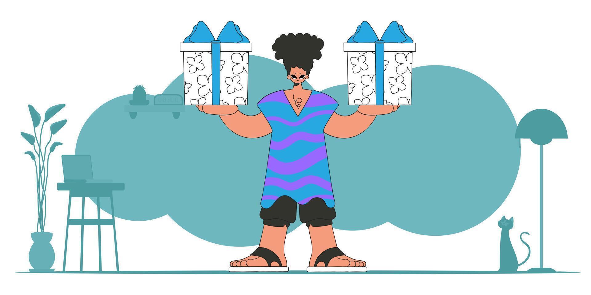 The concept of the holiday and gifts. The guy holds two gifts in his hands. Bright character in the style of the 90s. vector