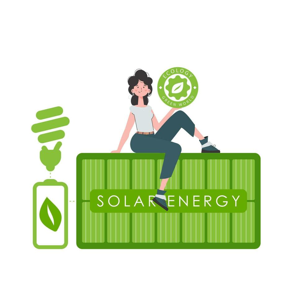 el niña se sienta en el solar panel y sostiene el eco logo en su manos. el concepto de verde energía y ecología. aislado en blanco antecedentes. de moda estilo. vector ilustración.