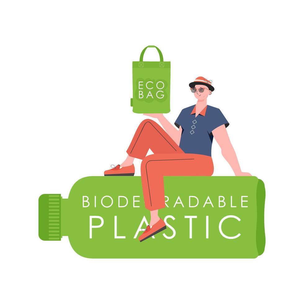 un hombre se sienta en un botella hecho de biodegradable el plastico y sostiene un eco bolso en su manos. el concepto de ecología y cuidado para el ambiente. aislado. Moda tendencia ilustración en vector. vector