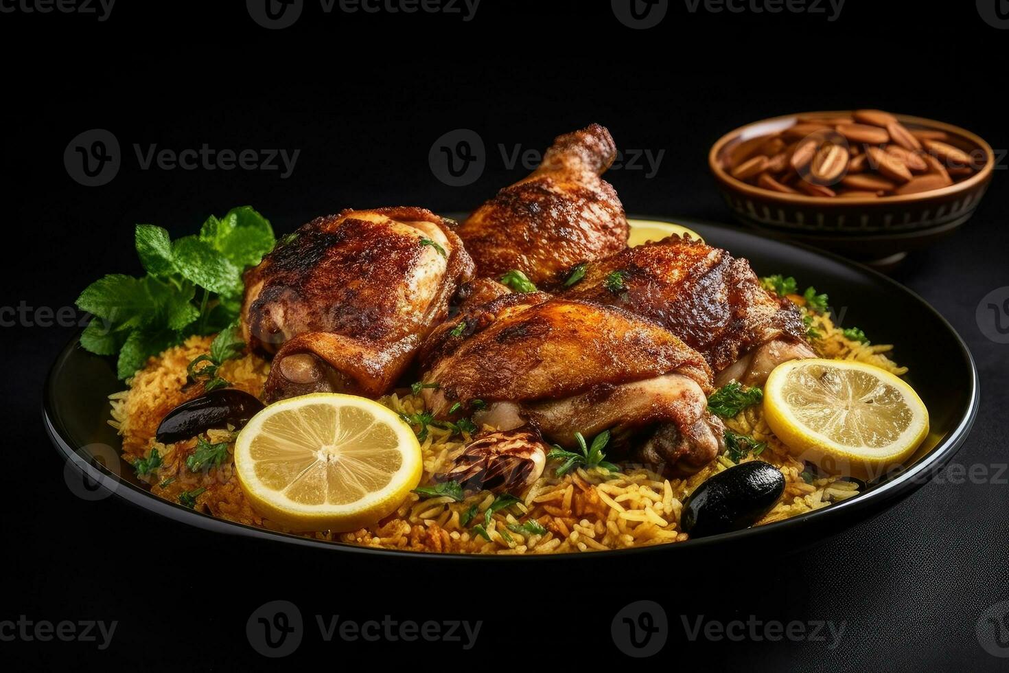 Plate of chicken with lemon and garlic on top, Generative AI photo