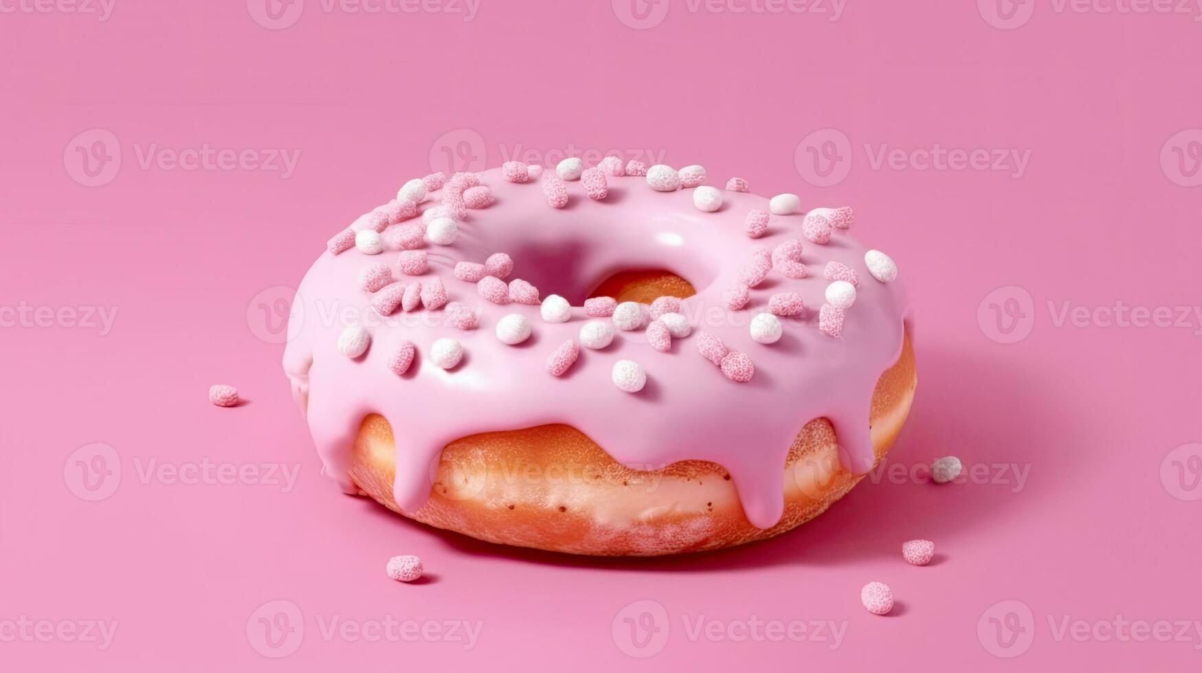 Bitten pink icing donut with marshmallows on pink background, AI Generated photo