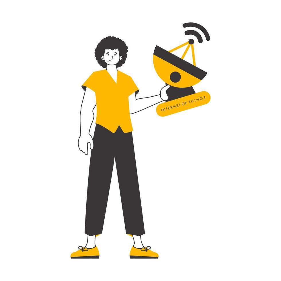 A man holds the internet of things logo in his hands. Linear trendy style. Isolated. illustration. vector