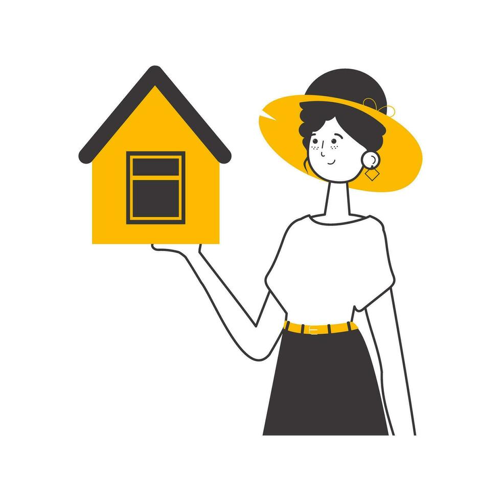 The girl is a specialist in the sale of real estate. Modern linear style. Isolated. Vector illustration.