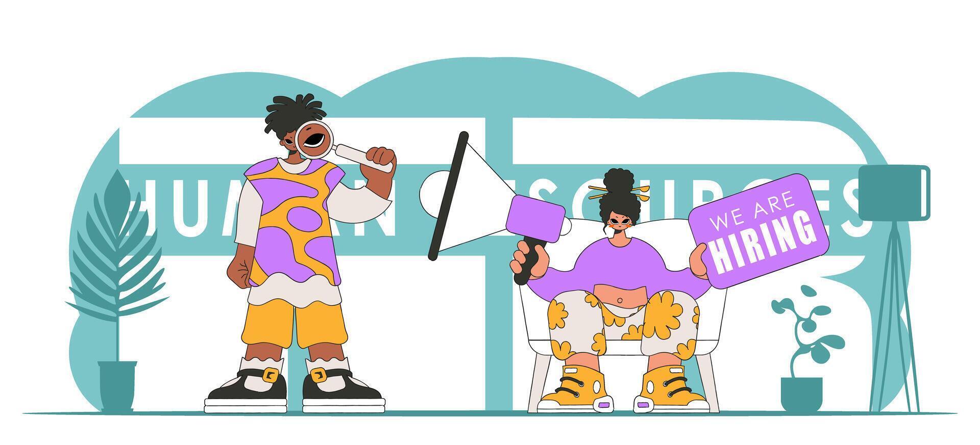 Stylized vector illustration of HR representative team. Stylish girl sits in a chair and holds a megaphone in her hand.