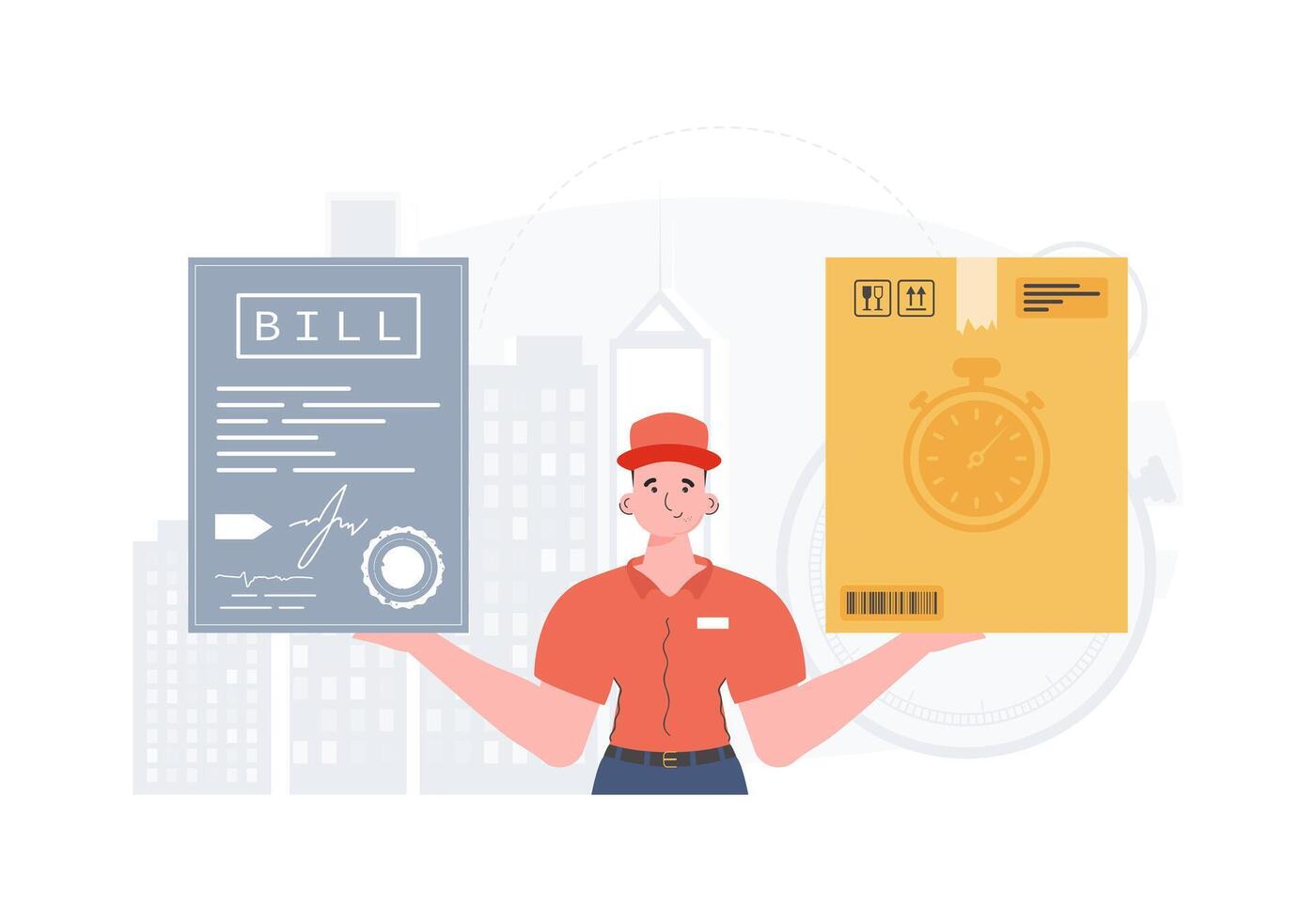 Home delivery concept. Male courier Delivers a parcel and issues an invoice. trendy style. . vector