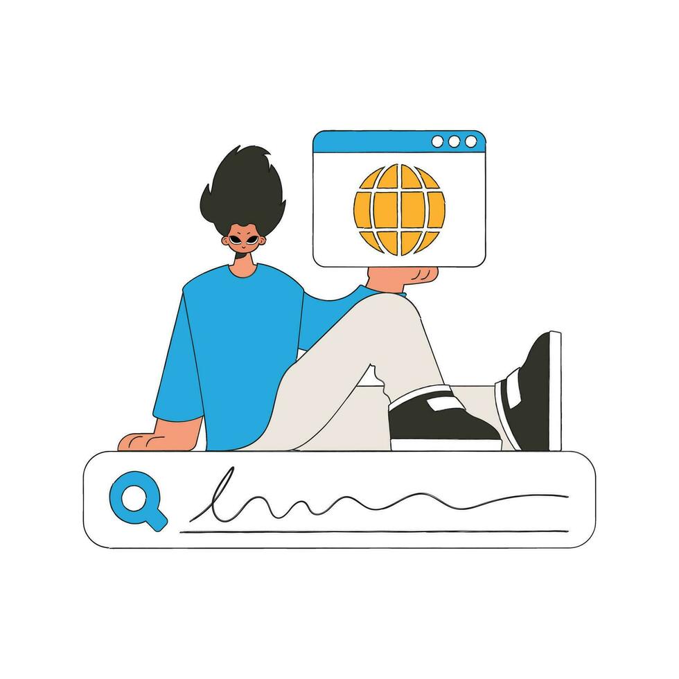 A man sits on a search bar and holds a web browser in his hands. Search for the necessary information on the Internet. Retro style character. vector