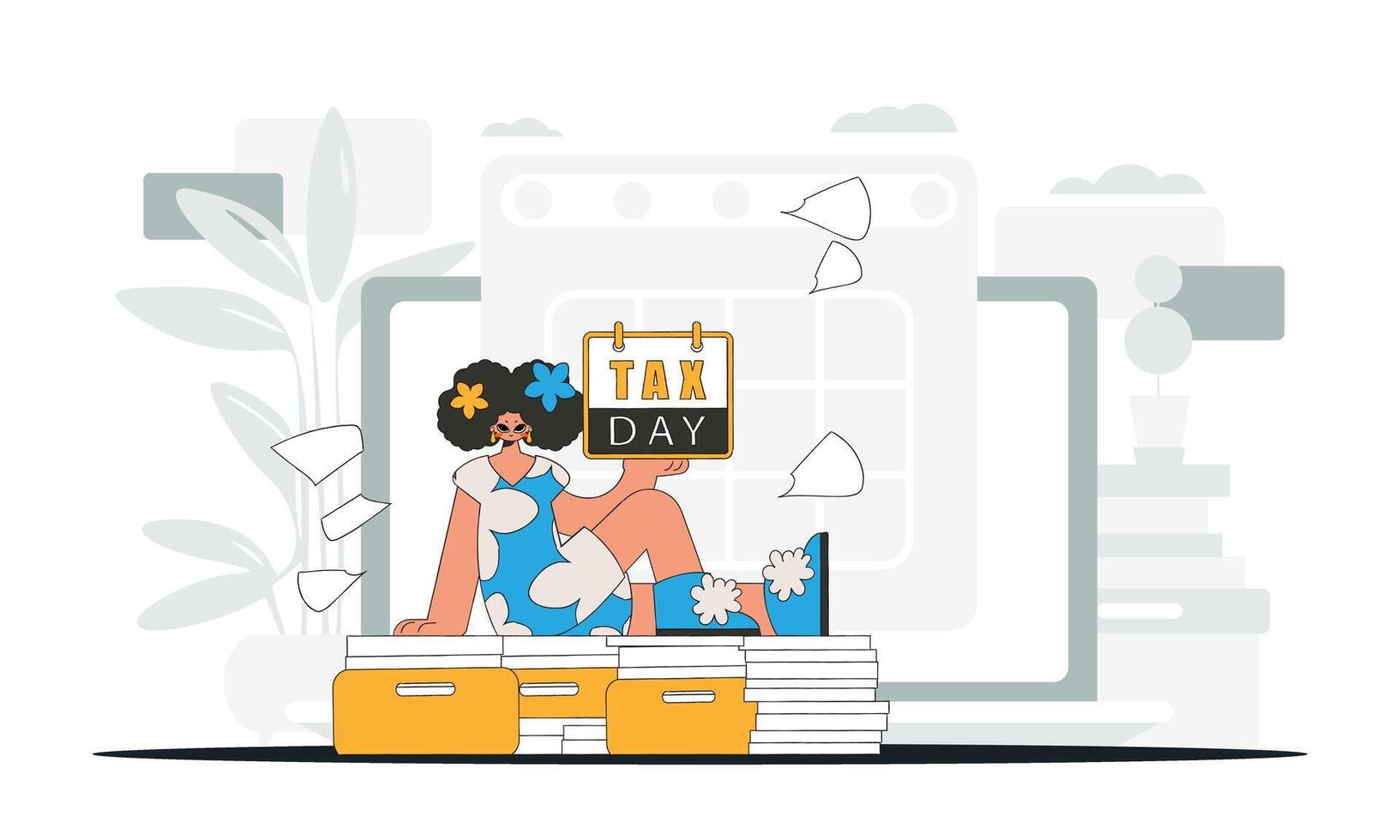 A well-dressed girl holds a calendar in her hand. TAX day. An illustration demonstrating the importance of paying taxes for economic development. vector
