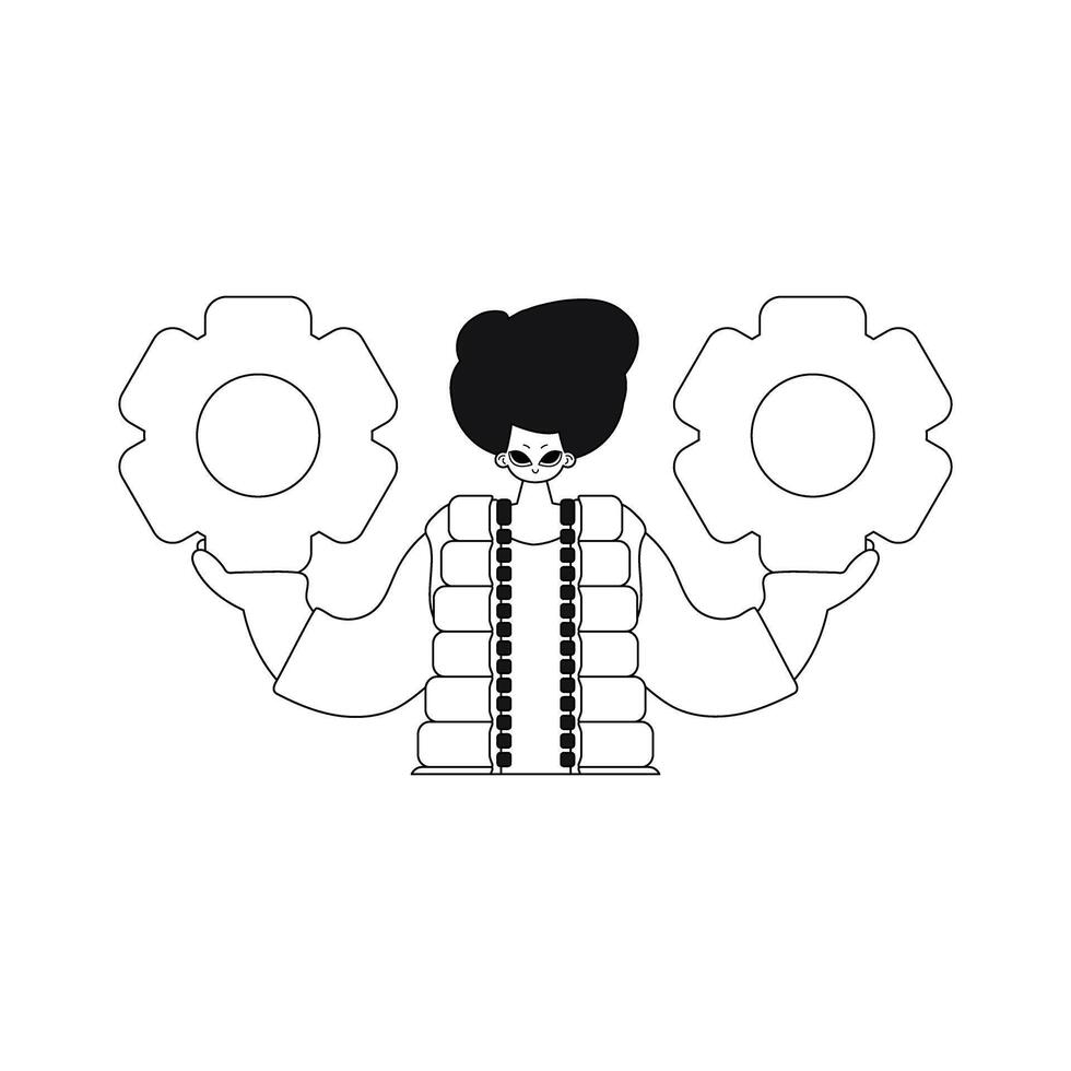 Man holds gears in his hands. illustrated in vector design with linear style.