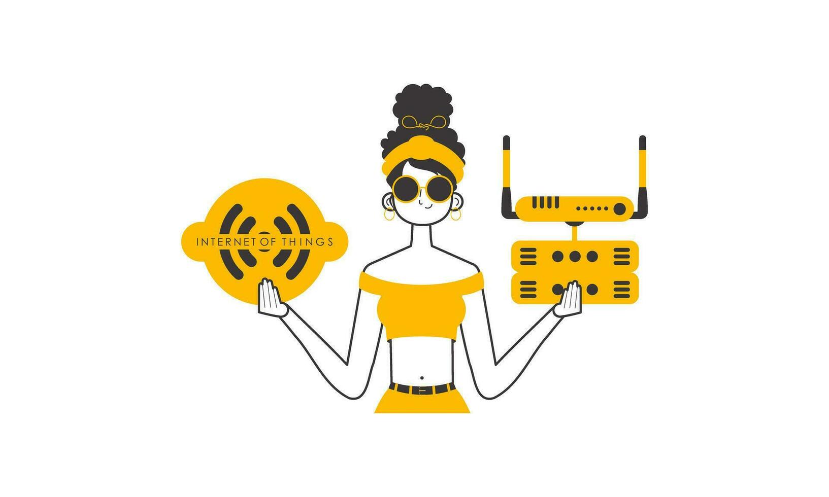 The girl is holding the internet of things logo in her hands. Linear modern style. Isolated. Vector. vector