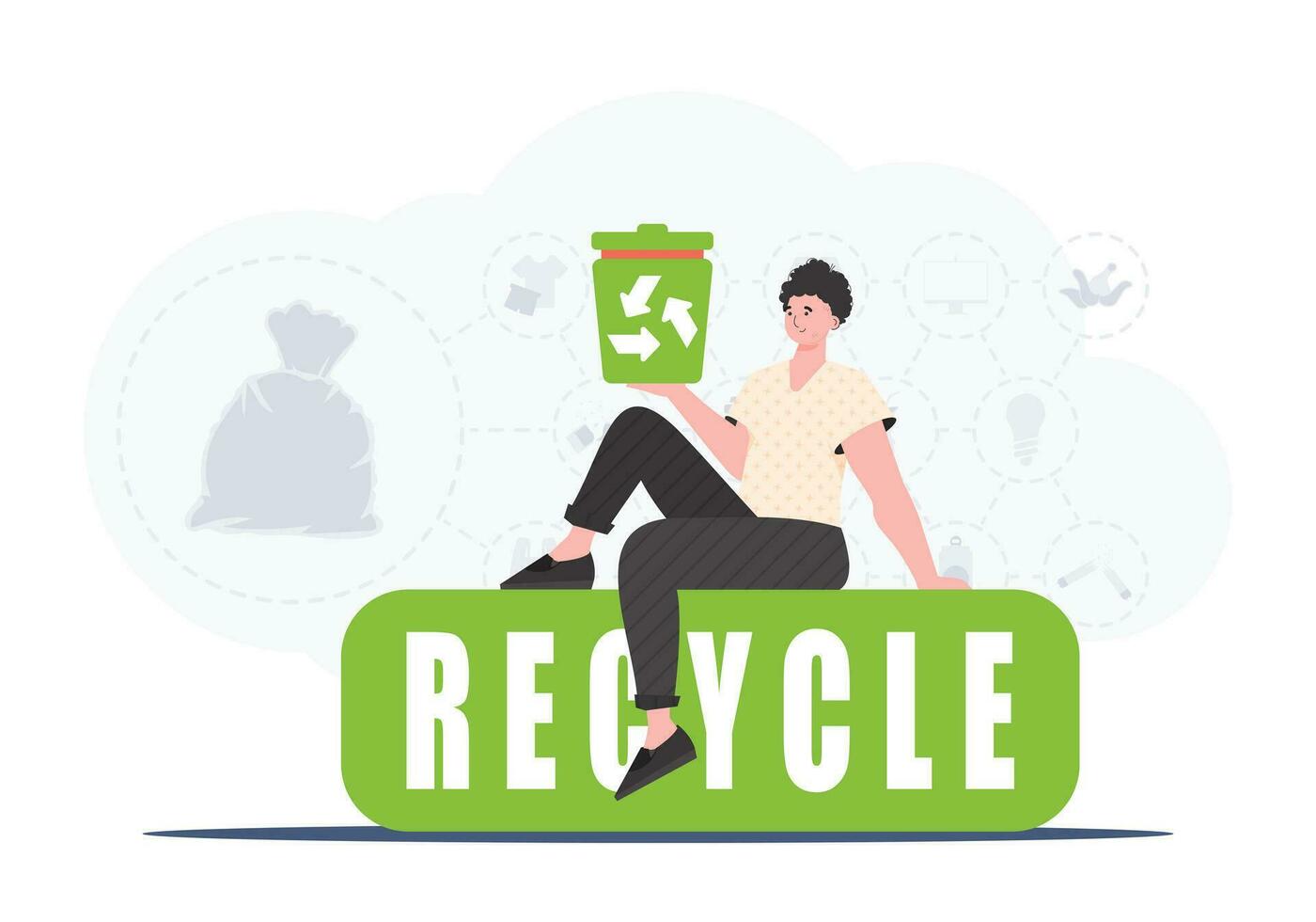 A man sits and holds a trash can in his hand. The concept of recycling and zero waste. Vector illustration Flat trendy style.