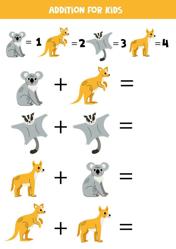 Addition for kids with different cute Australian animals. vector