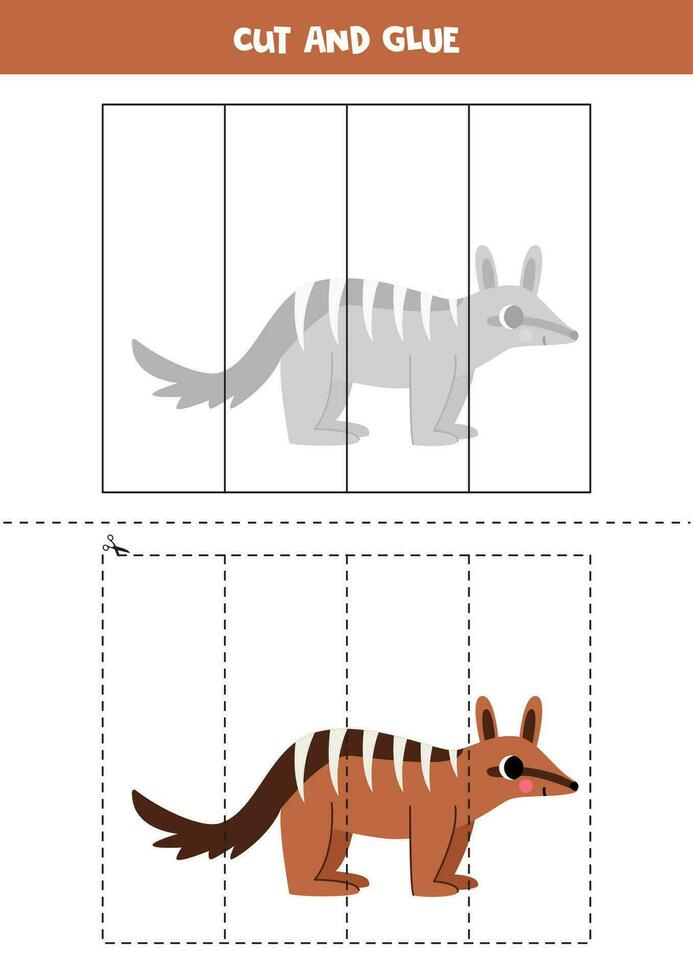 Cut and glue game for kids. Cute cartoon numbat. vector