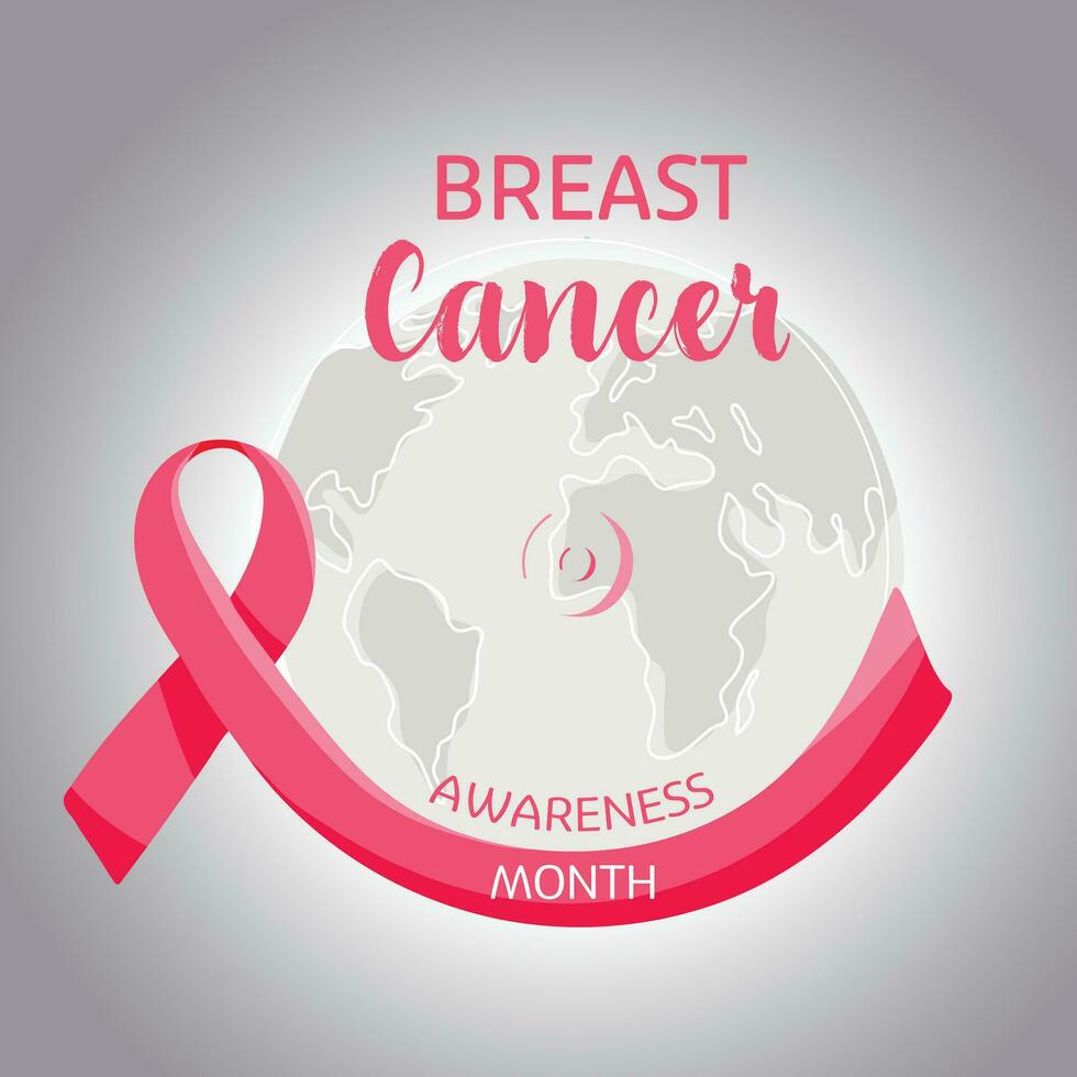 Breast cancer awareness month banner. Illustration of planet earth with pink ribbon on gray background. Used for prints, banners, icons, stickers and etc. vector