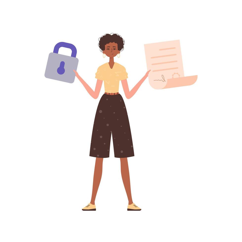 A woman holds a contract or document in her hand. Data protection concept. Smart contract. Modern trendy style. vector