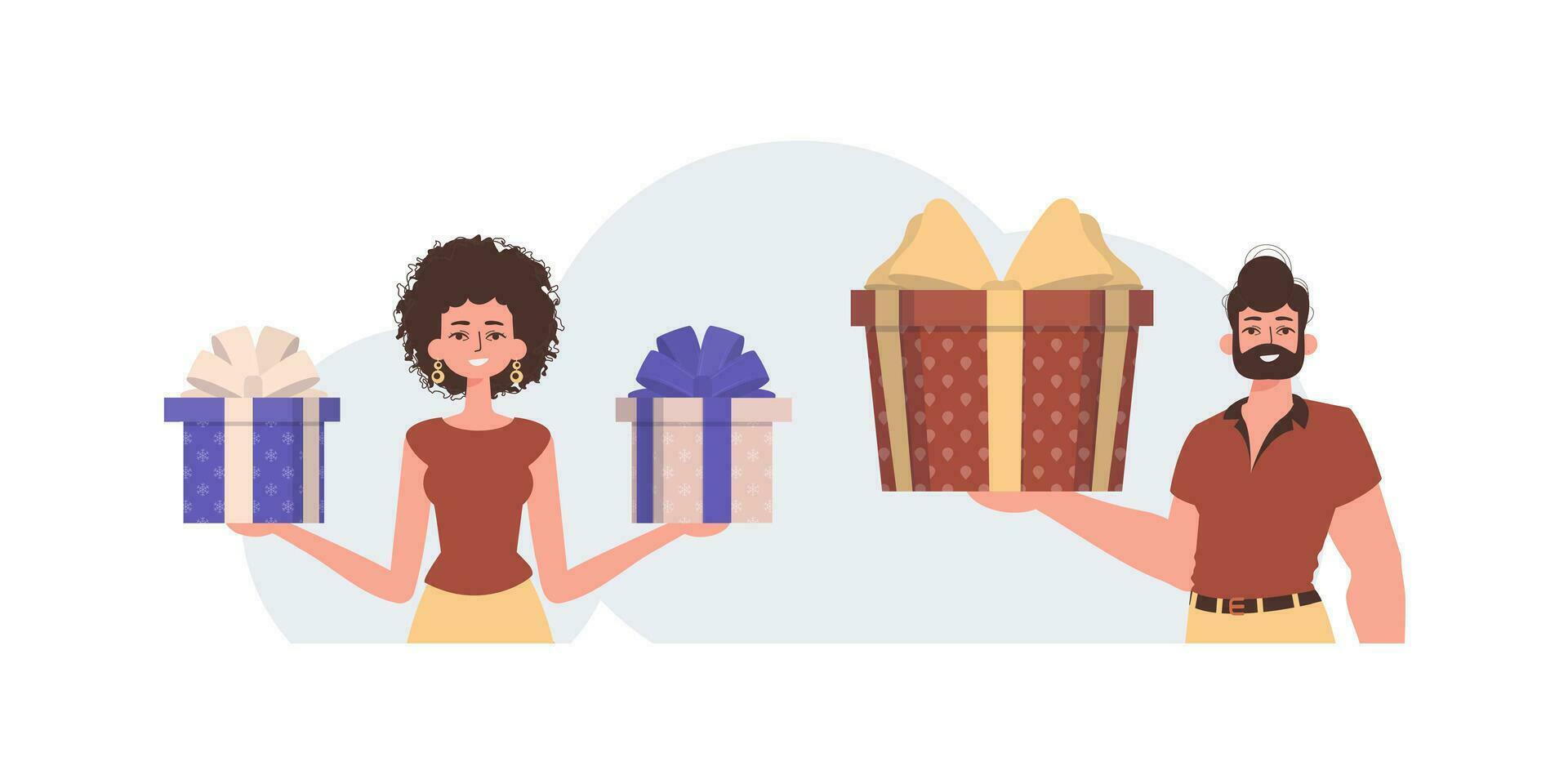 The guy and the girl are holding gift boxes in their hands. Gift concept for christmas or new year. vector