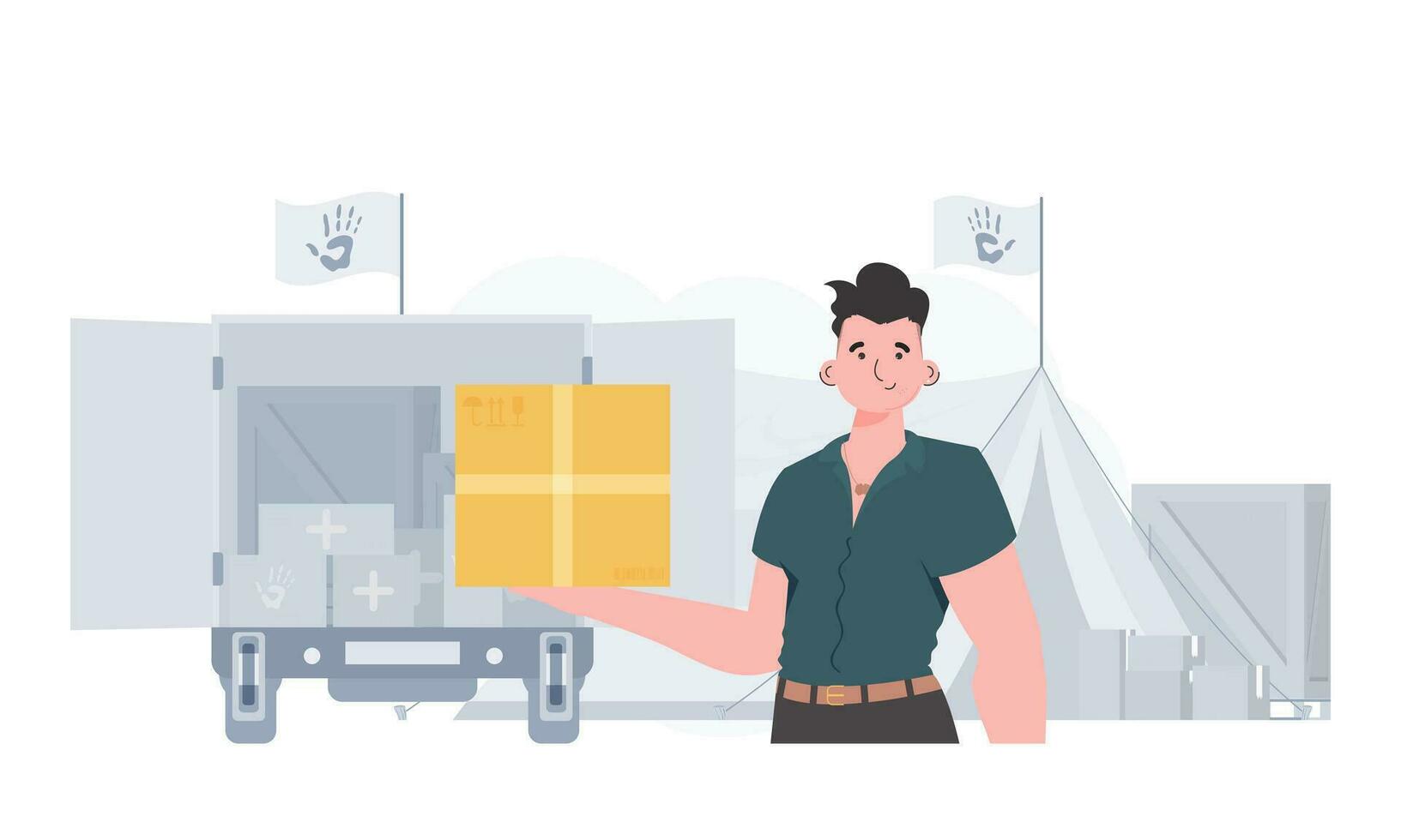 The man is holding a parcel. Camp with humanitarian aid. Flat modern design. Vector. vector