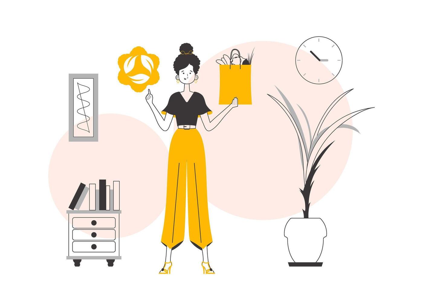 The concept of ecological products. Girl, package with products and eco logo. Linear trendy style. vector