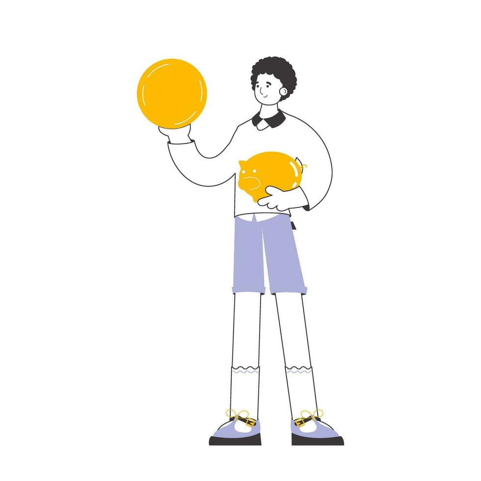 The guy holds a coin and a piggy bank in his hands. The theme of saving money. Linear style. Isolated. Vector. vector