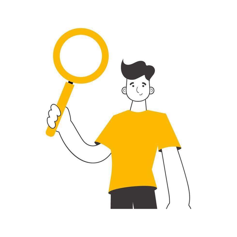 The guy is holding a magnifying glass in his hands. Search concept. Line art style. Isolated. Vector. vector