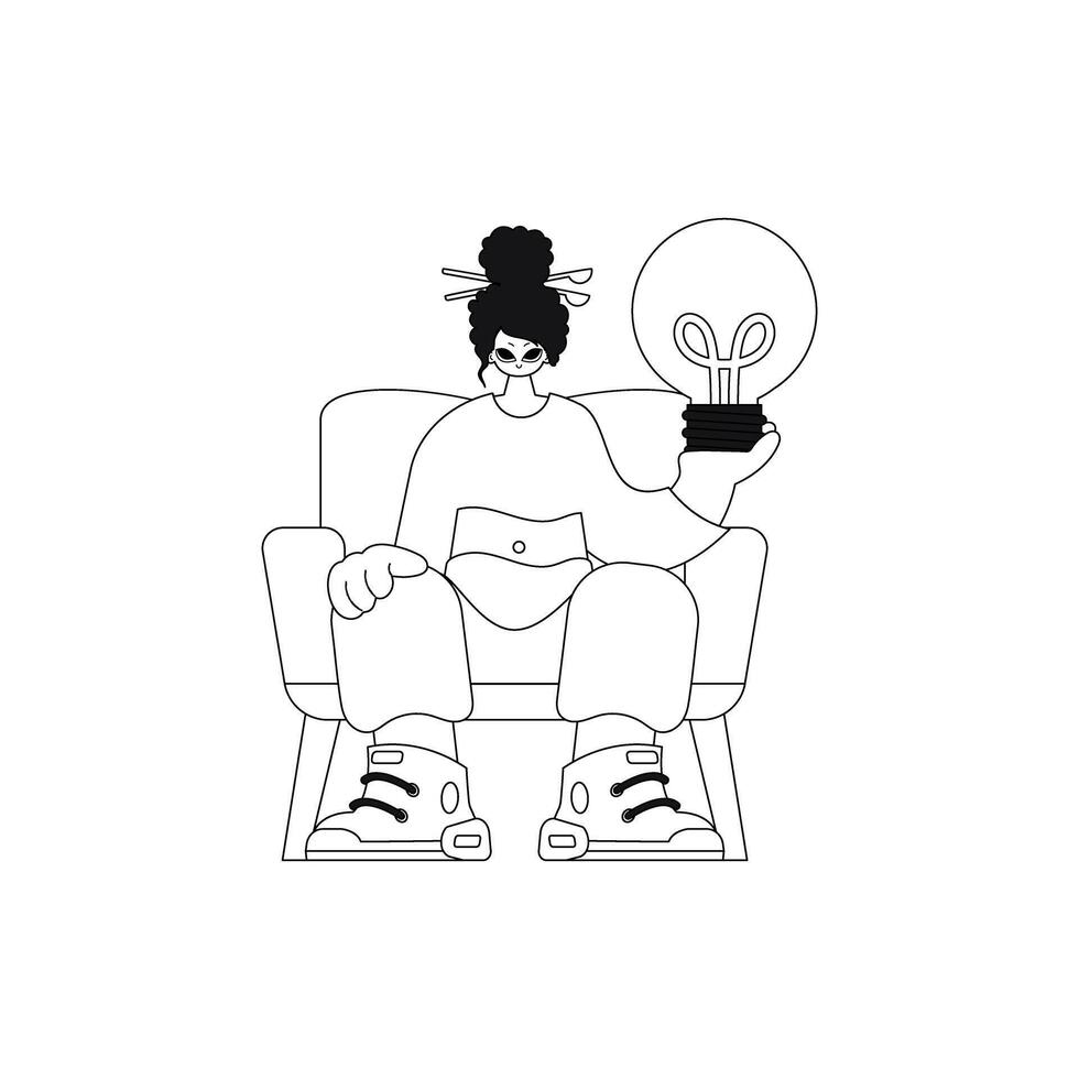 Girl holds light bulb, connotes idea. linear vector illustration.