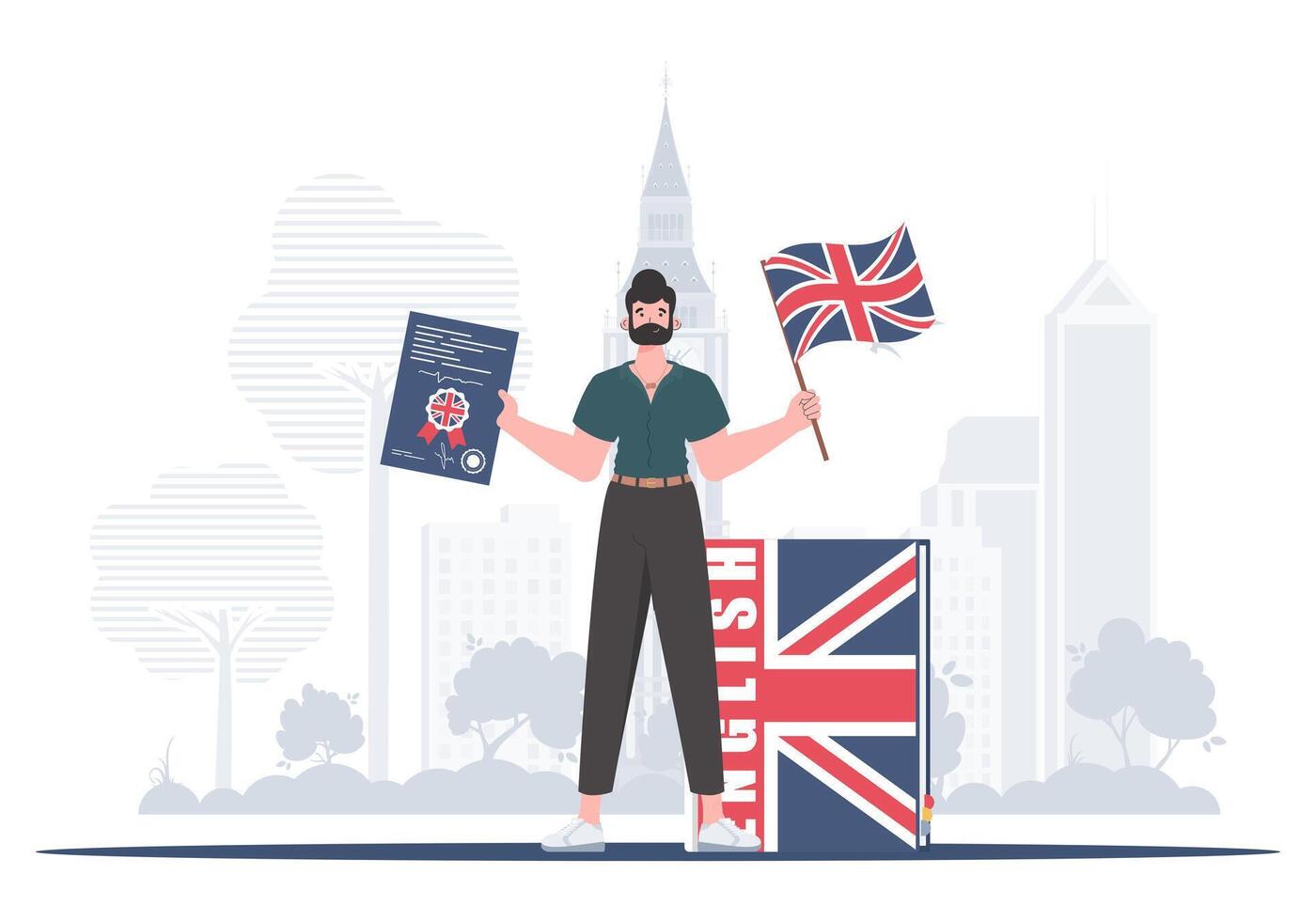 The concept of learning English. Male teacher shows that it's time to learn English. trendy style. illustration. vector