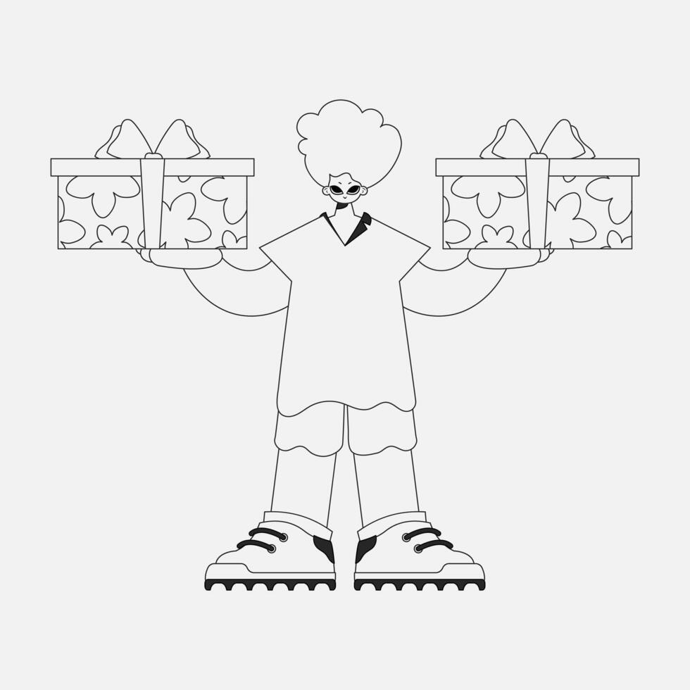 Charming man holding a gift box. Linear style character. vector