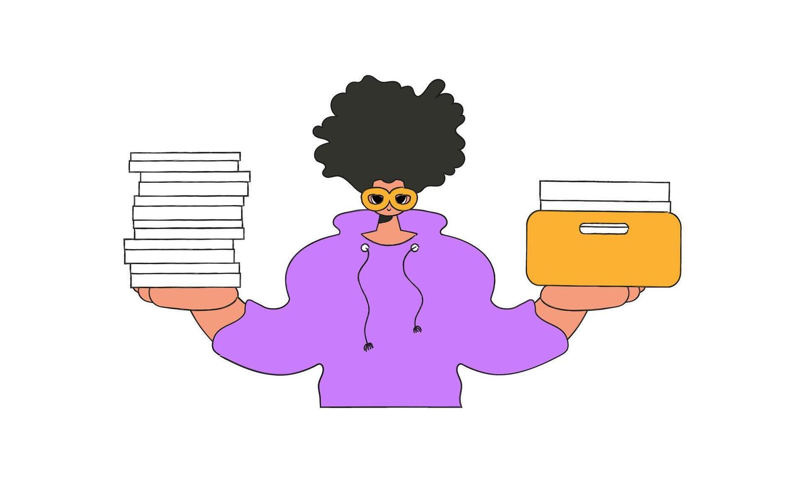 A trendy man holds stacks of documents in his hands. vector