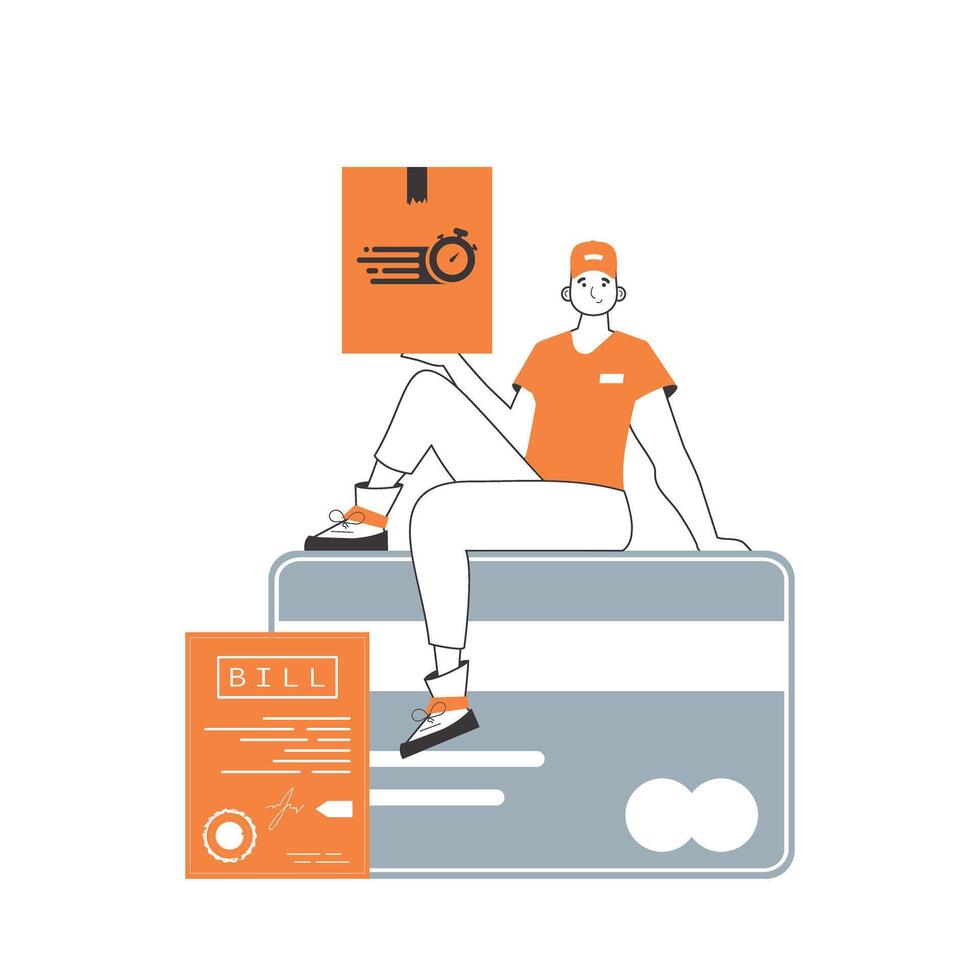 The guy is sitting on a bank card and holding a parcel. Parcel delivery concept. Linear modern style. Isolated on white background. Vector illustration.
