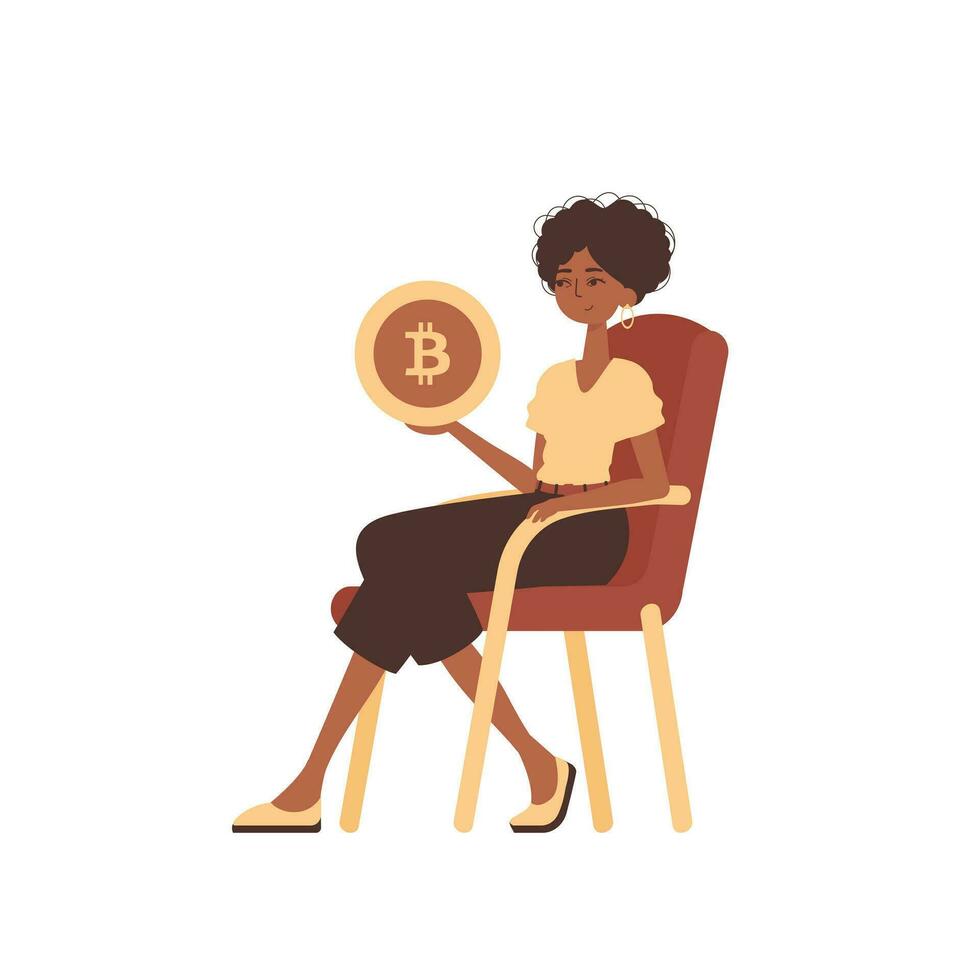 un mujer se sienta en un silla y sostiene un bitcoin en el formar de un moneda en su manos. personaje en moderno de moda estilo. vector