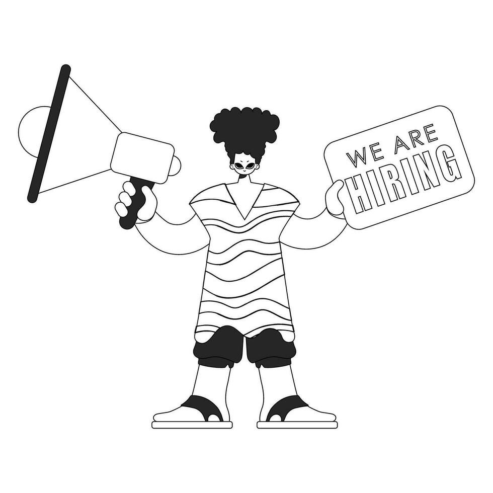 A qualified HR specialist man holds a megaphone in his hands. HR topic. Linear newspaper black and white style. vector