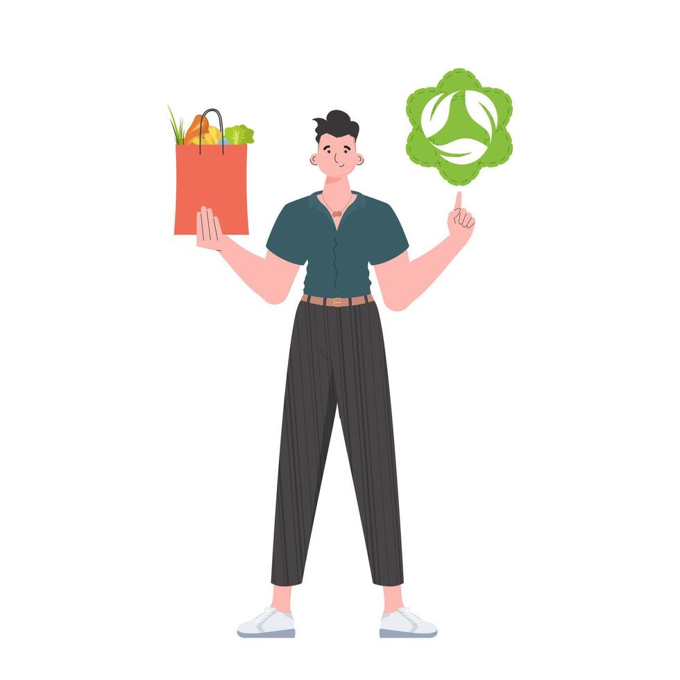 The man is depicted in full growth and holds a package with healthy food in his hands and shows an icon. Isolated on white background. Flat trendy style. . vector