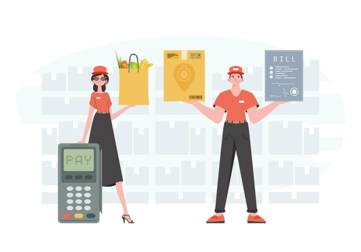 Delivery concept. Food and parcel delivery people team. Finished poster. Cartoon style. Vector. vector