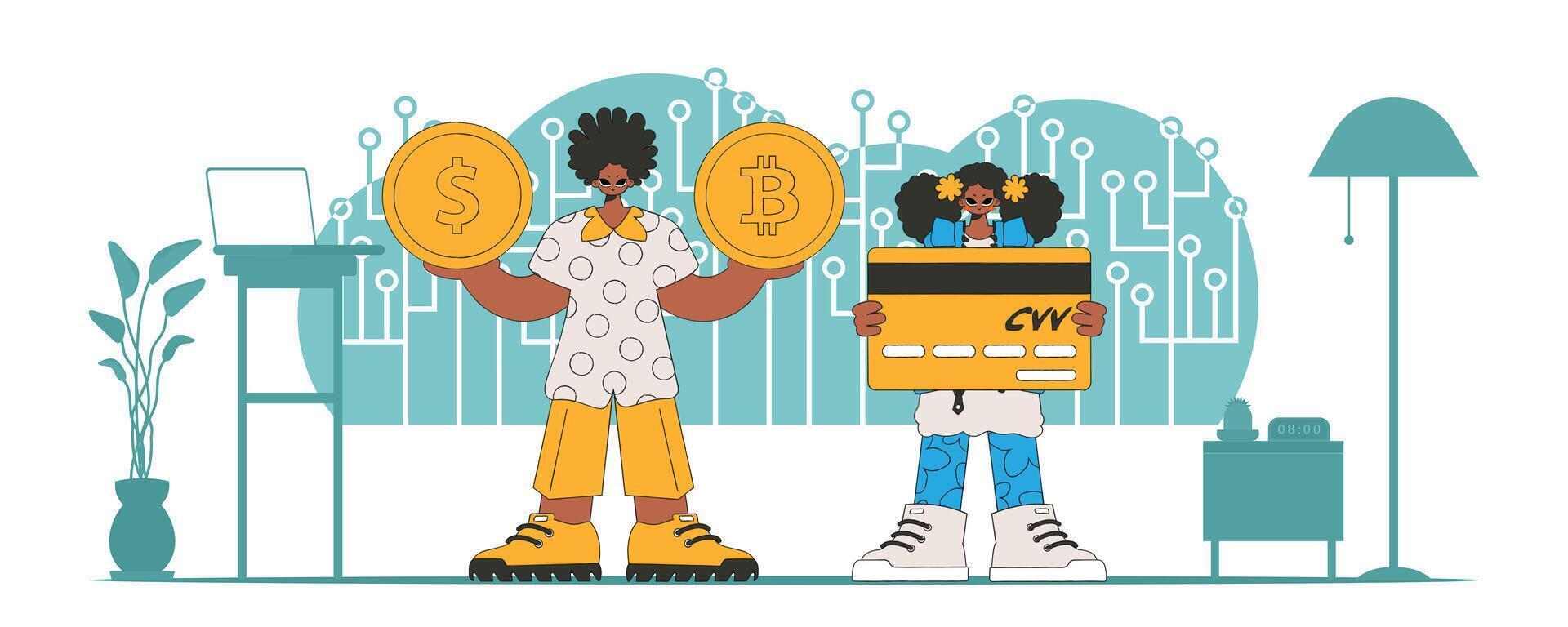 Cryptocurrency and fiat exchange management concept. Team of people interact with bitcoin. vector