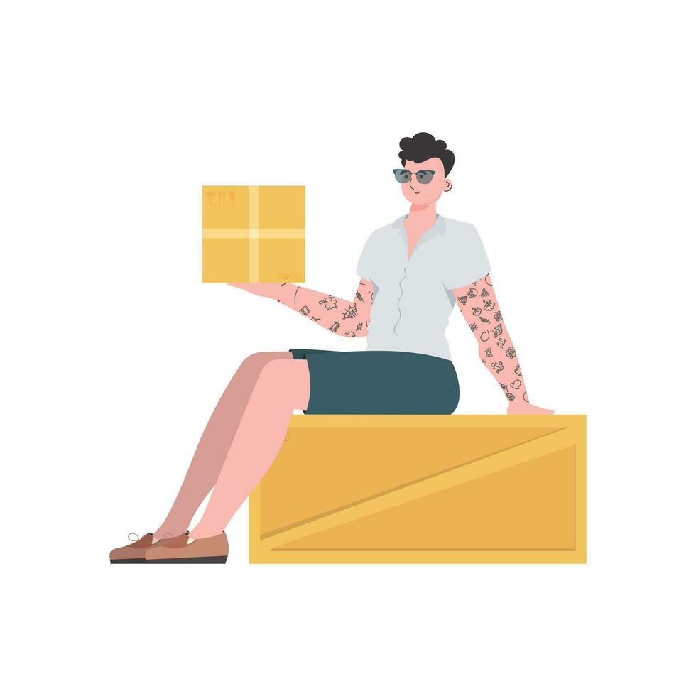 A man is sitting and holding a parcel. Delivery concept. Isolated. trendy style. Vector. vector